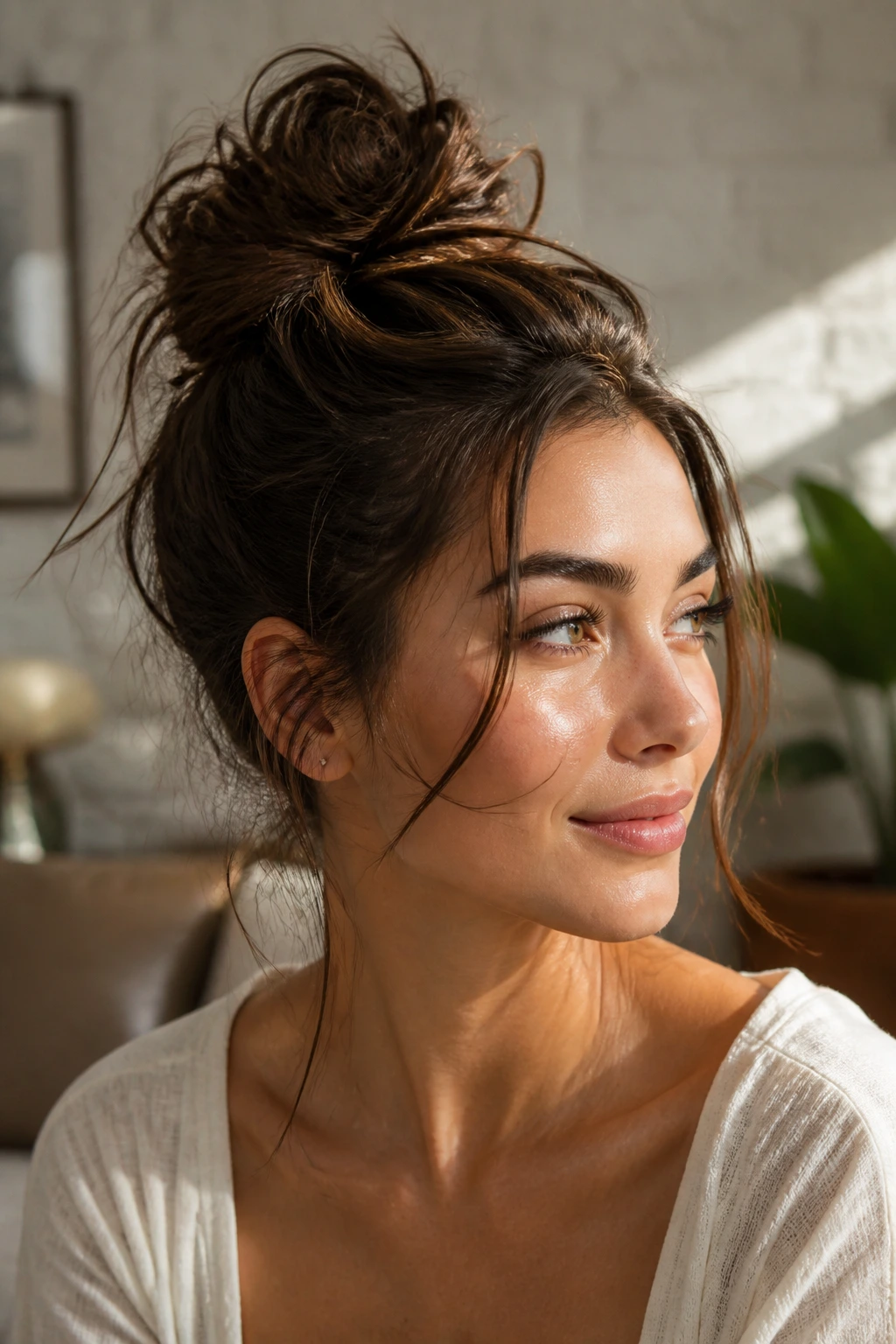 Close-up of a woman with a textured messy bun in warm daylight