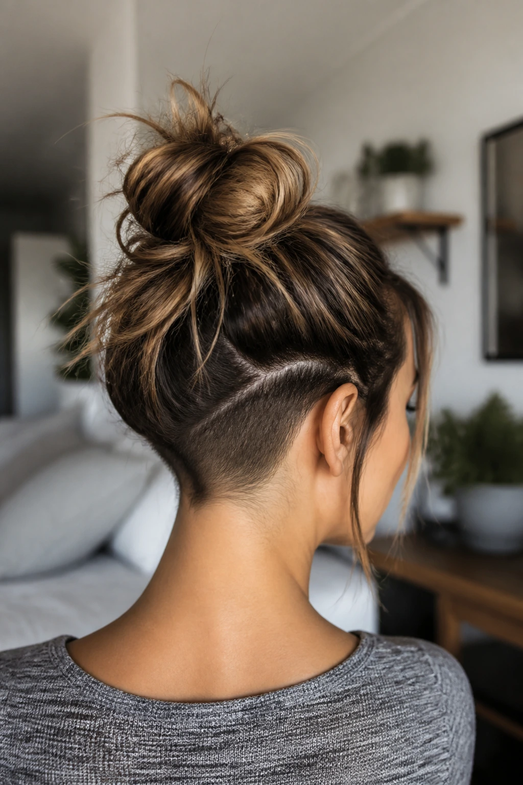 Portrait of real person with messy bun showing hidden undercut