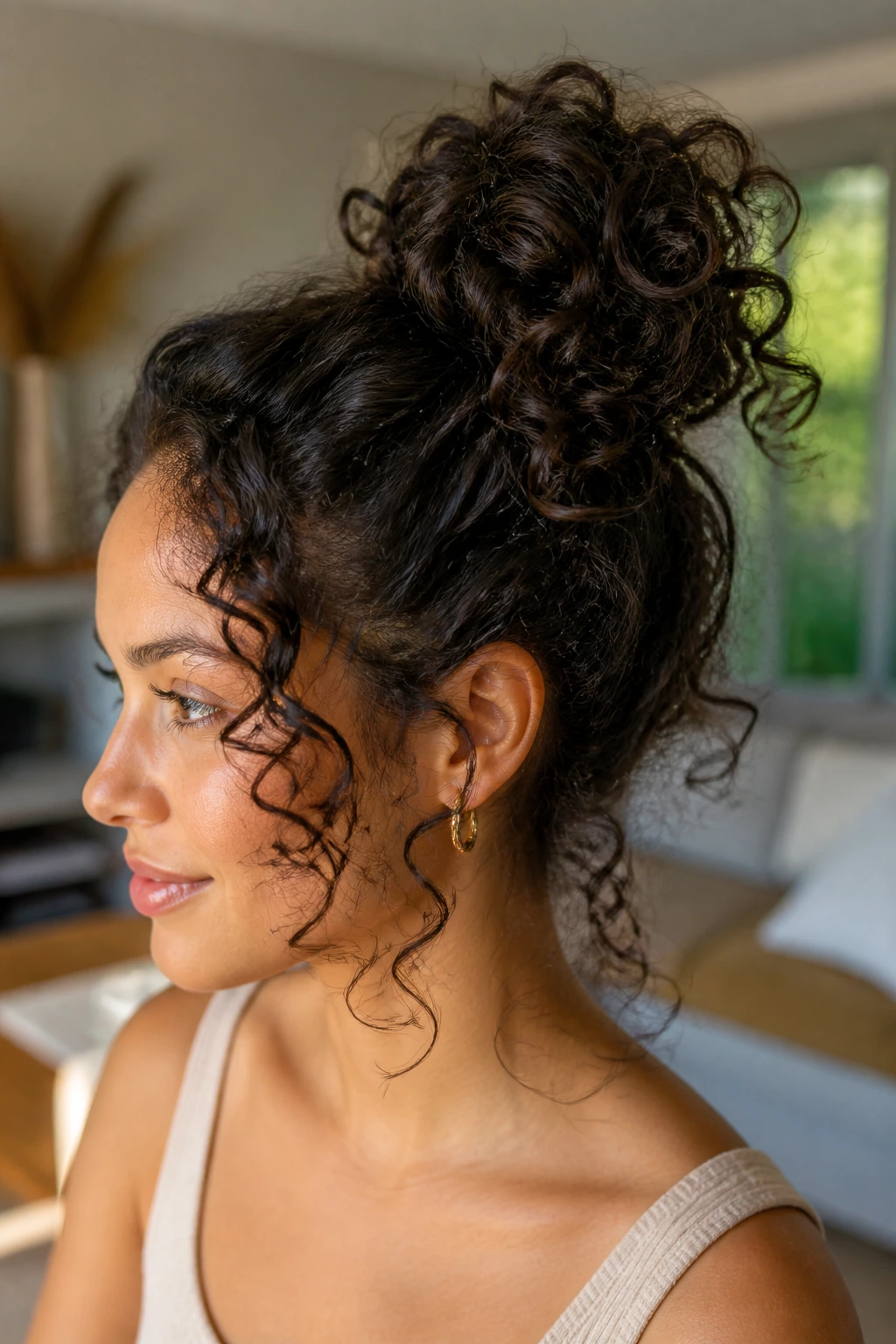 Close-up of a real woman with Messy Curly Bun hairstyle