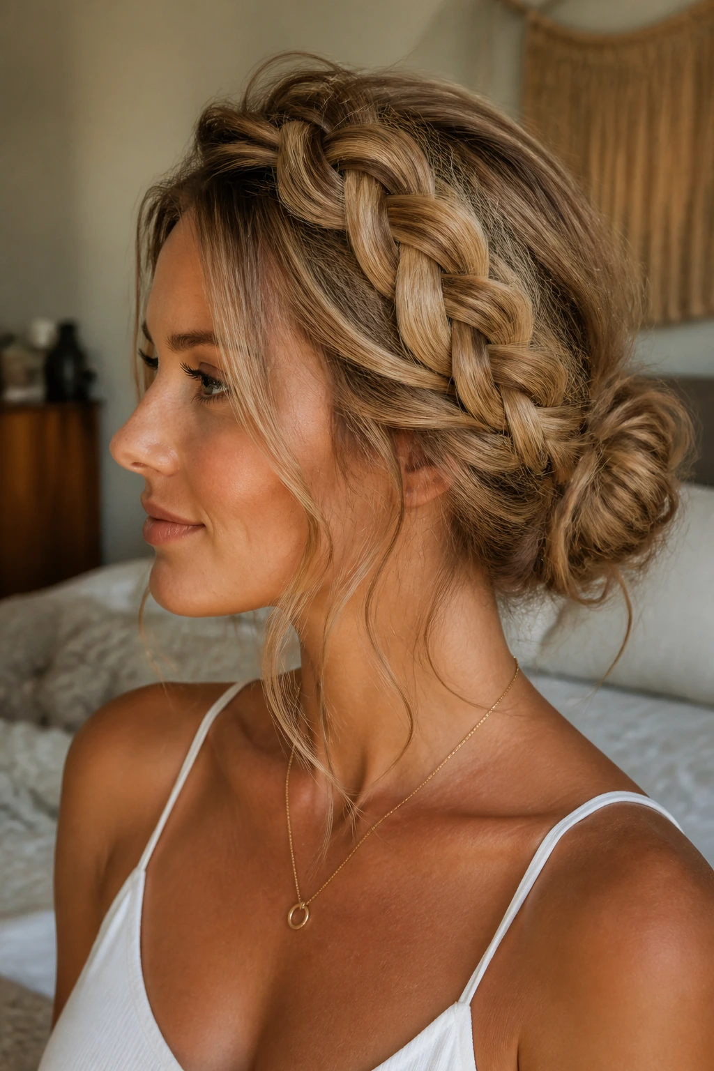 Close-up of a real woman with a messy Dutch braid bun at the nape.