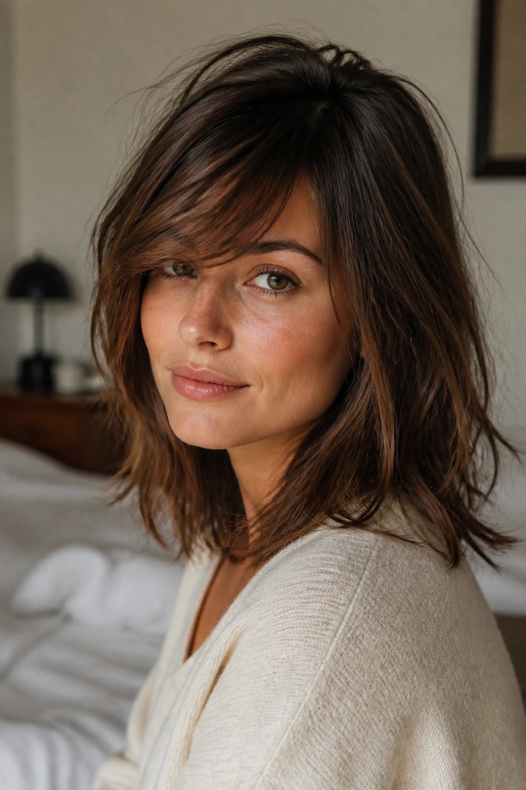 Close-up of a real woman with messy, undone side-swept fringe in a bedroom setting