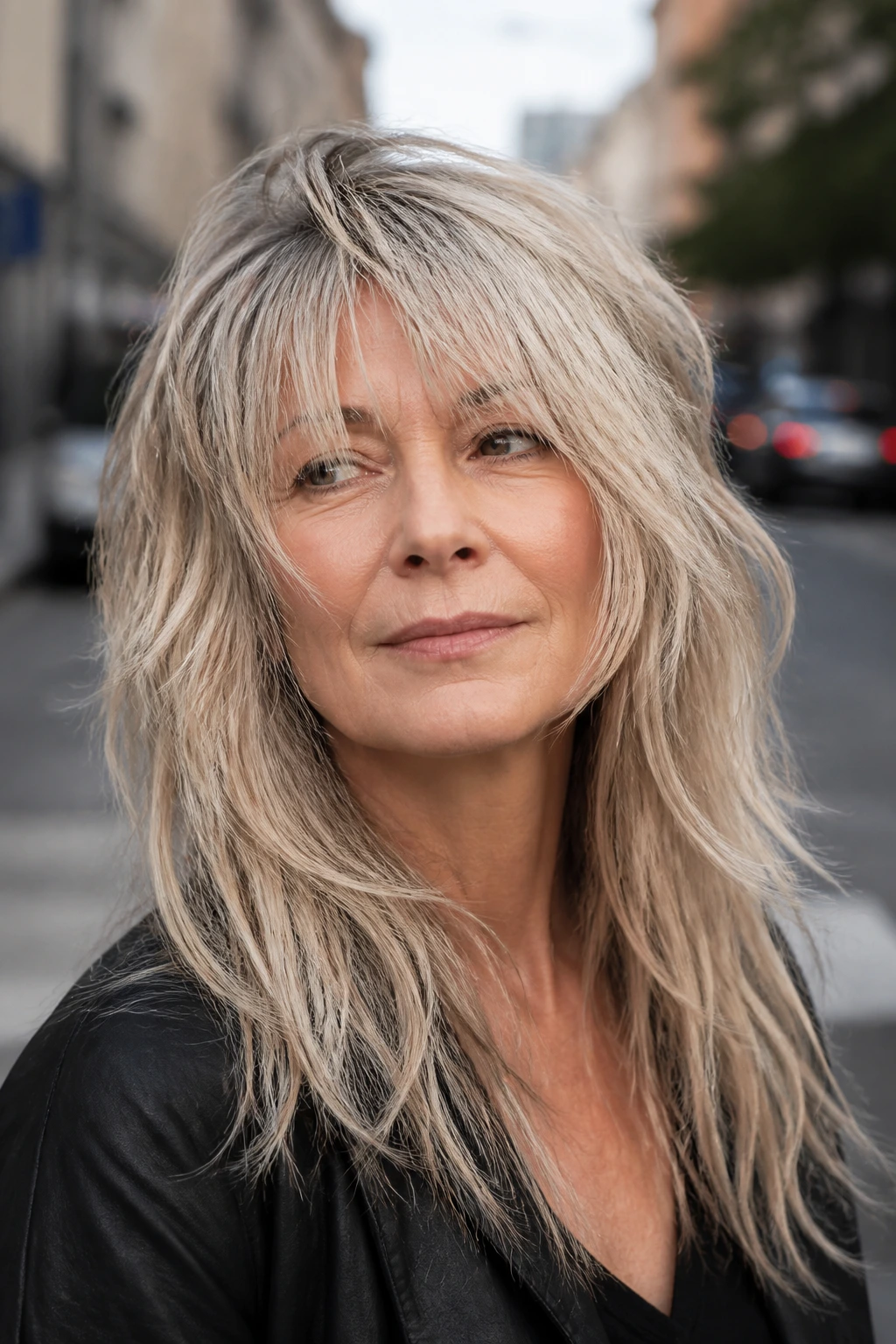 Close-up of a woman with a long, textured messy shag outdoors