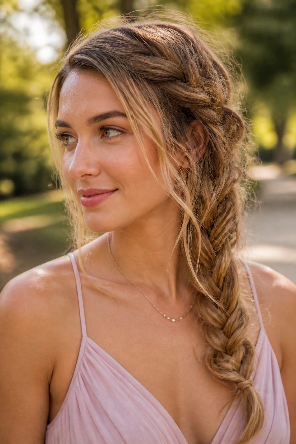 Close-up of a real woman with a messy side braid visible from temple to shoulder