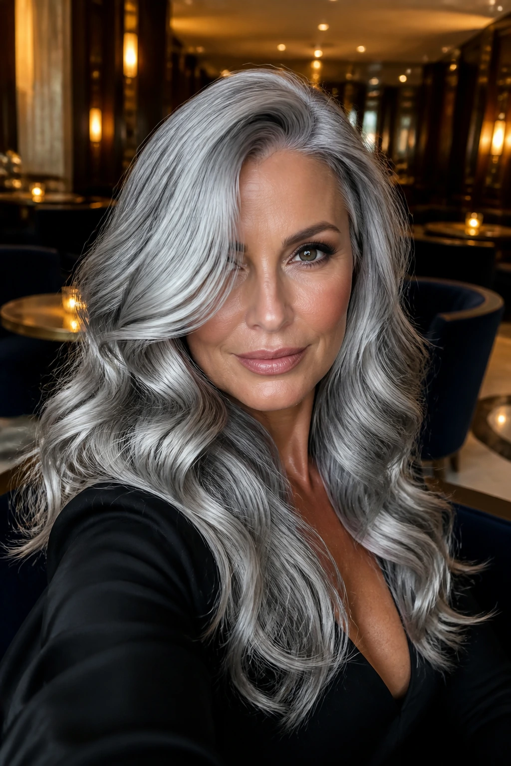 Close-up of a real person with long metallic silver waves in a glamorous setting.