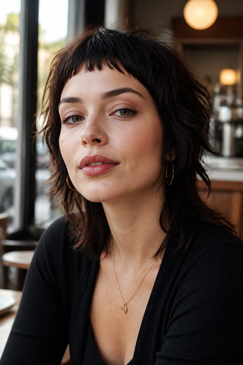 Portrait of a real woman with micro-bang shag