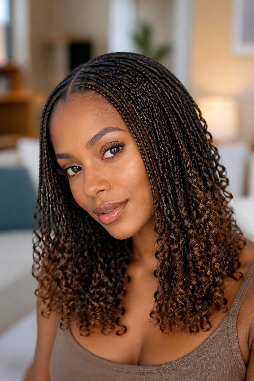 Close-up of a real woman with micro braids ending in curls.