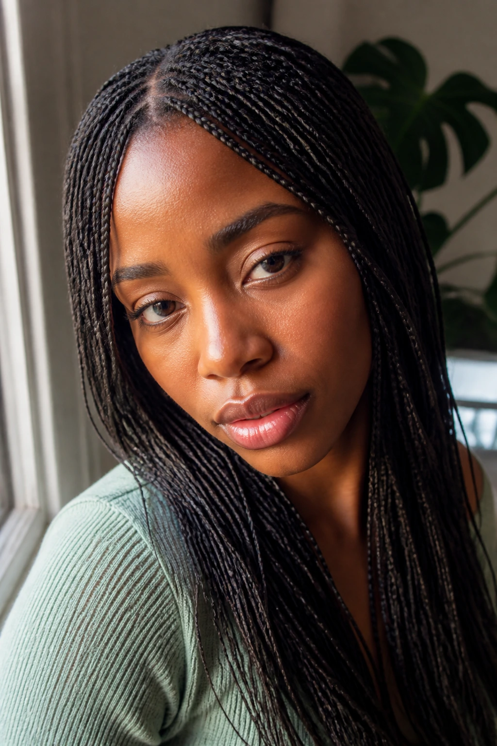 Close-up of a real woman with numerous tiny micro braids