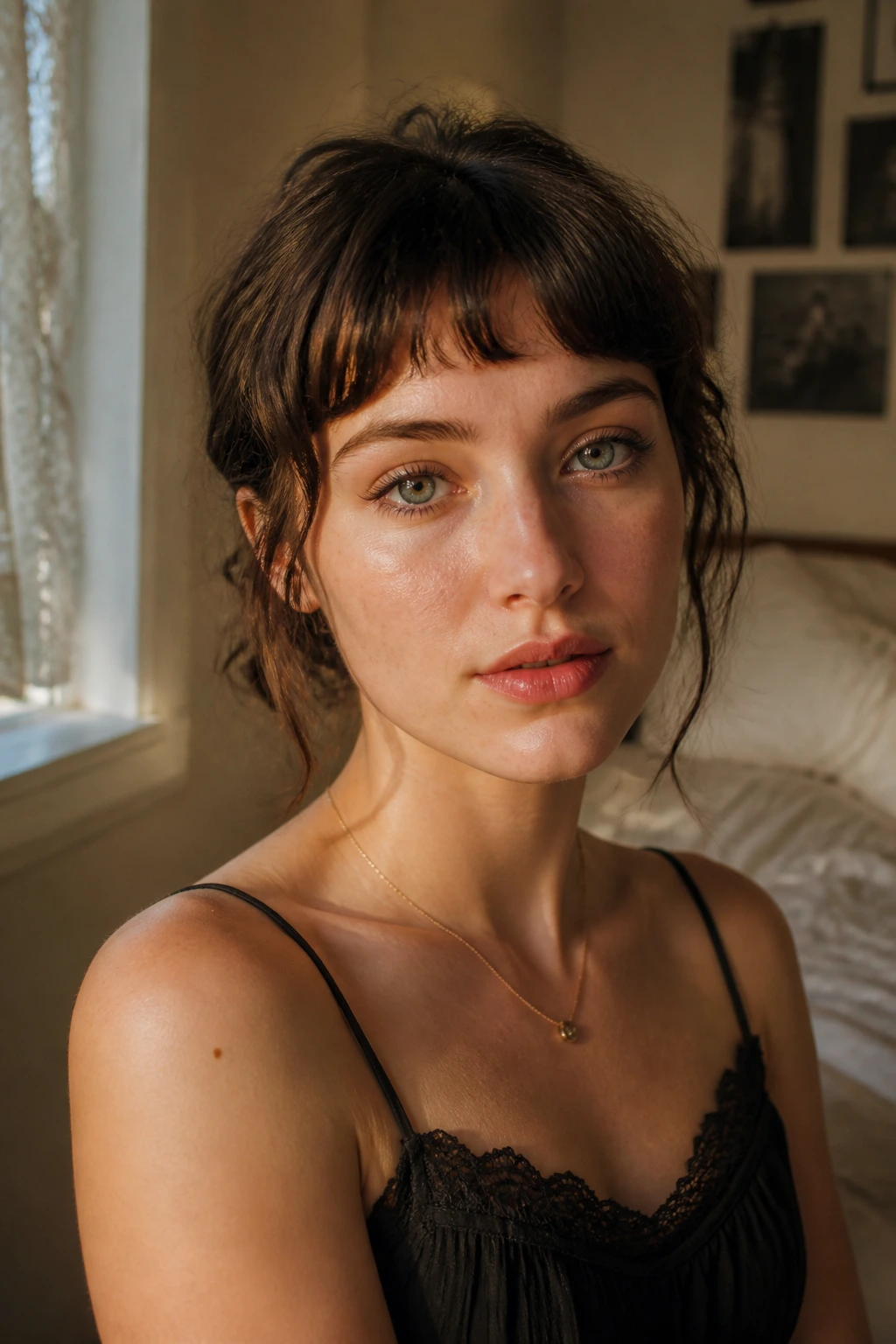 Close-up of a real woman with micro-curtain bangs above the eyebrows