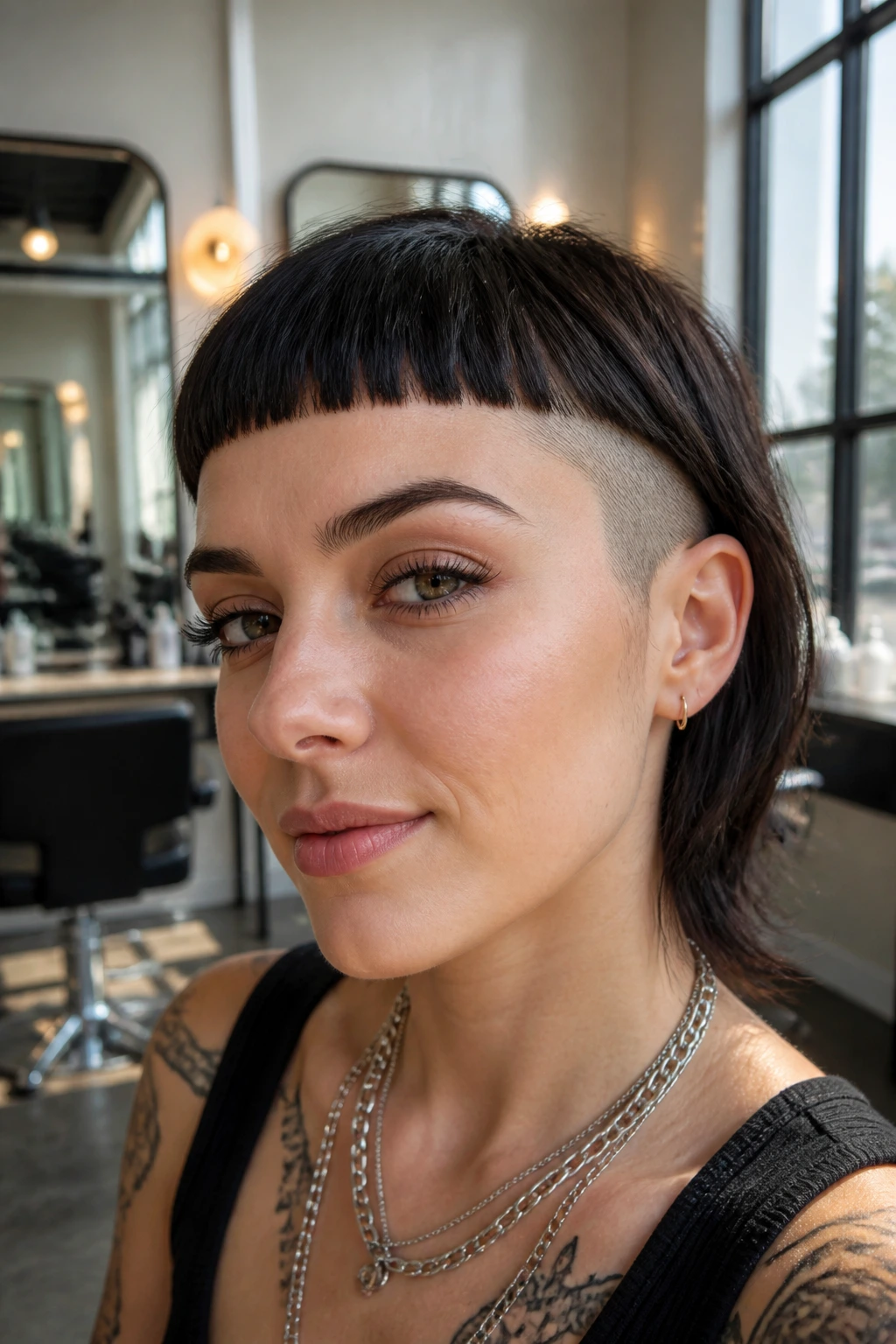 Close-up portrait of a real person with micro fringe and clean side shave in a sunlit salon