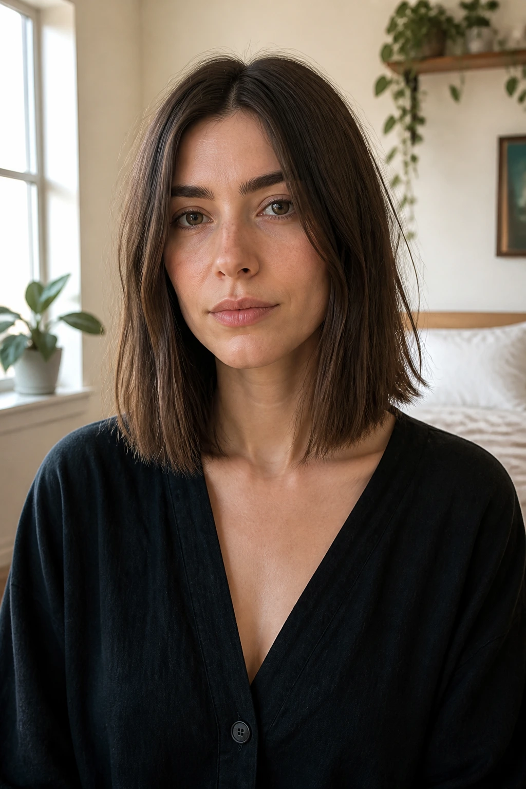 Portrait of a real person with a mid-length blunt cut