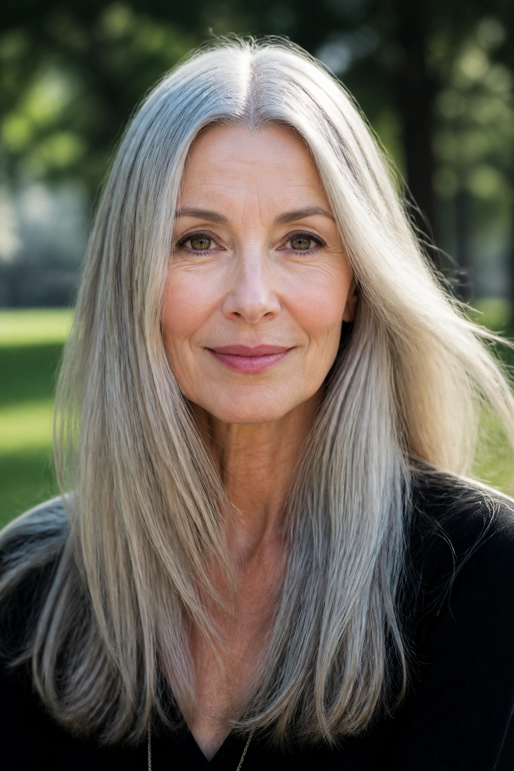 Close-up of a woman with a middle-parted long gray hair in natural light
