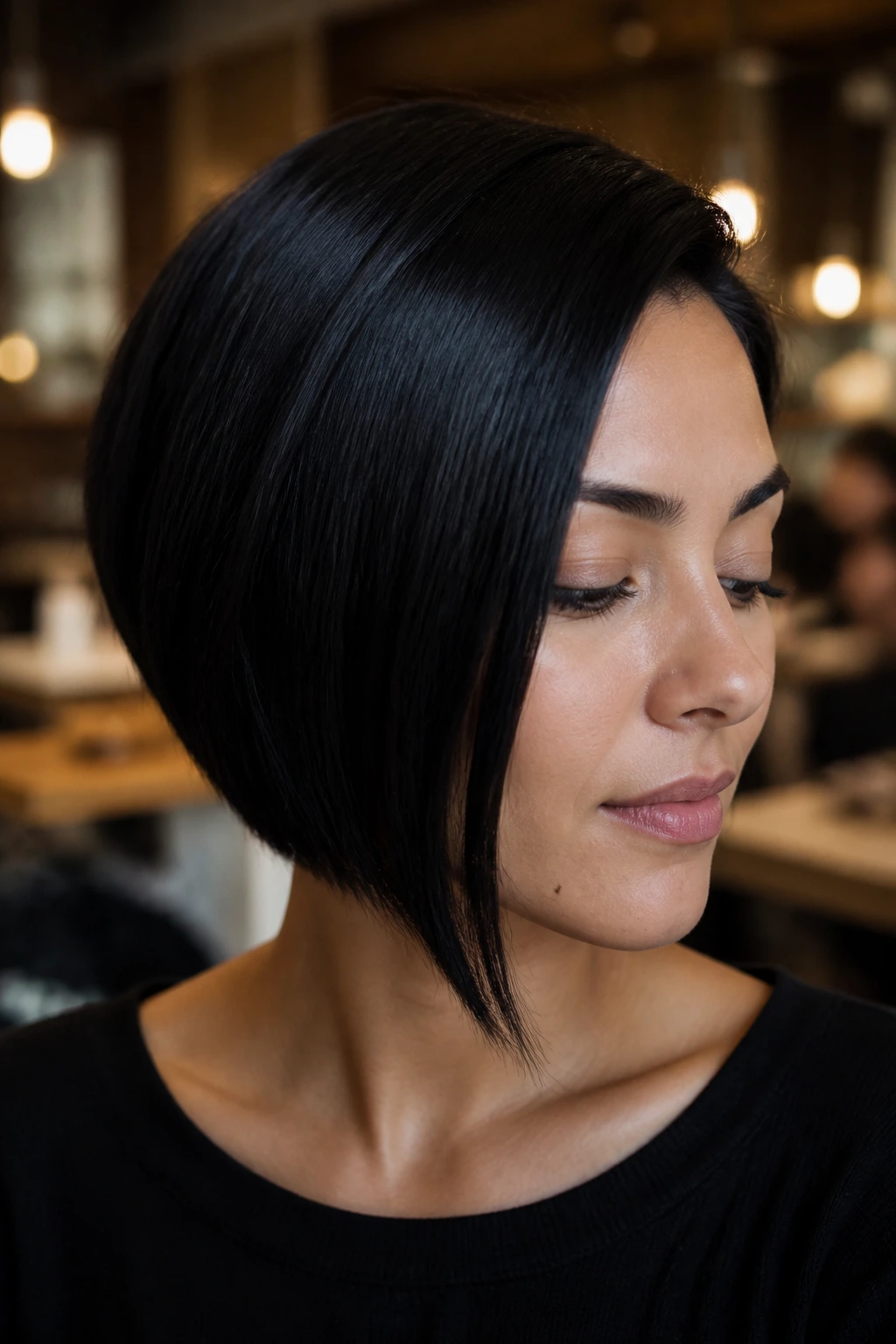 Close-up of a real woman with midnight black glossy hair in a salon setting