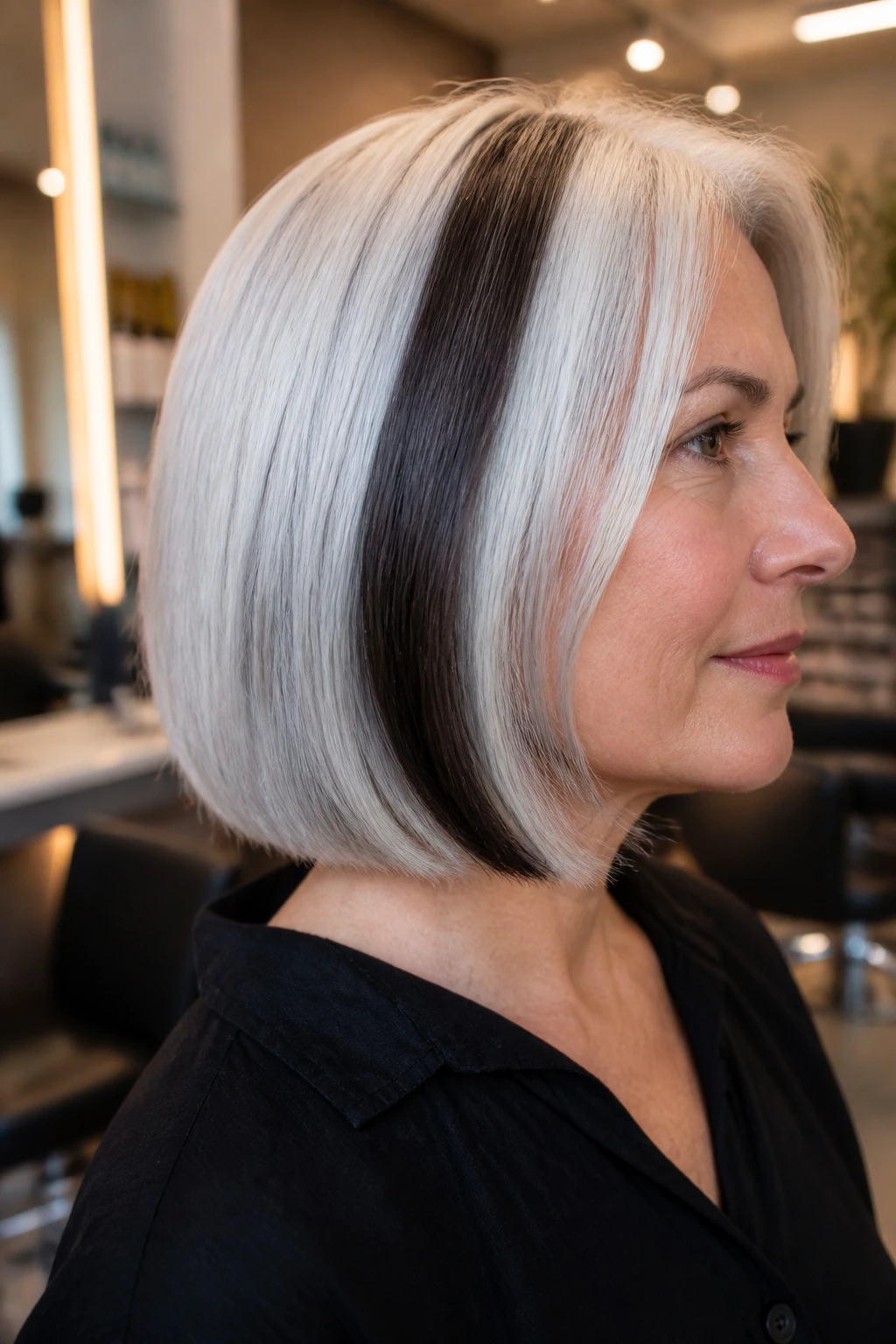 Portrait of a real woman with a thin ribbon of midnight brown in silver hair