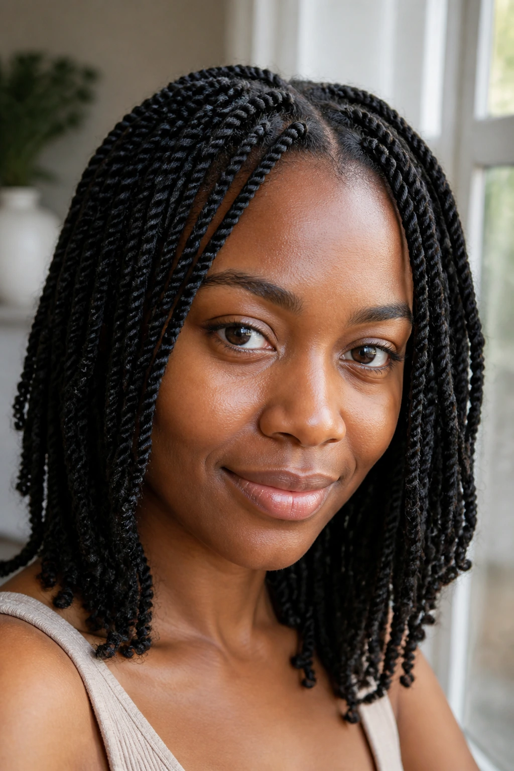 Close-up portrait of a real woman with 4c mini twists filling the frame.