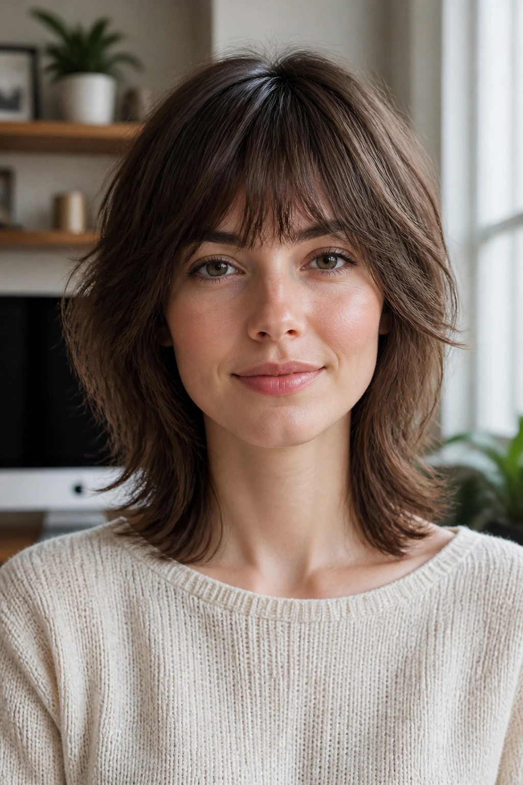 Close-up of a real person with minimalist shag hairstyle