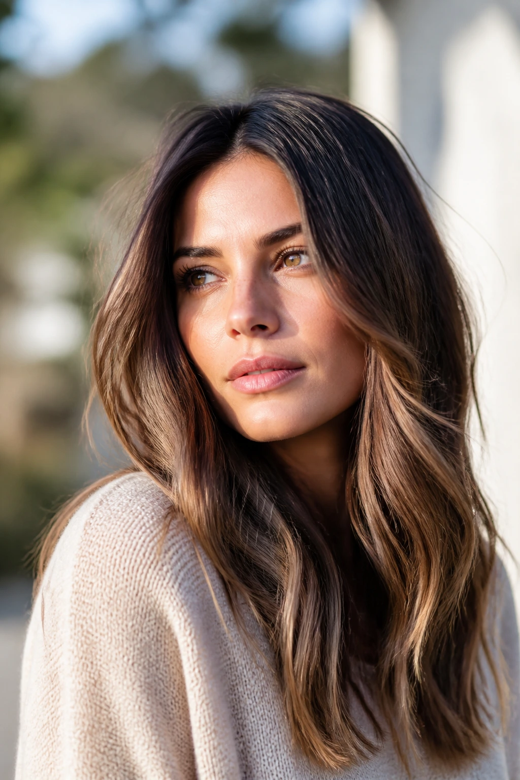 Brunette with soft mocha ombré gradient from roots to ends