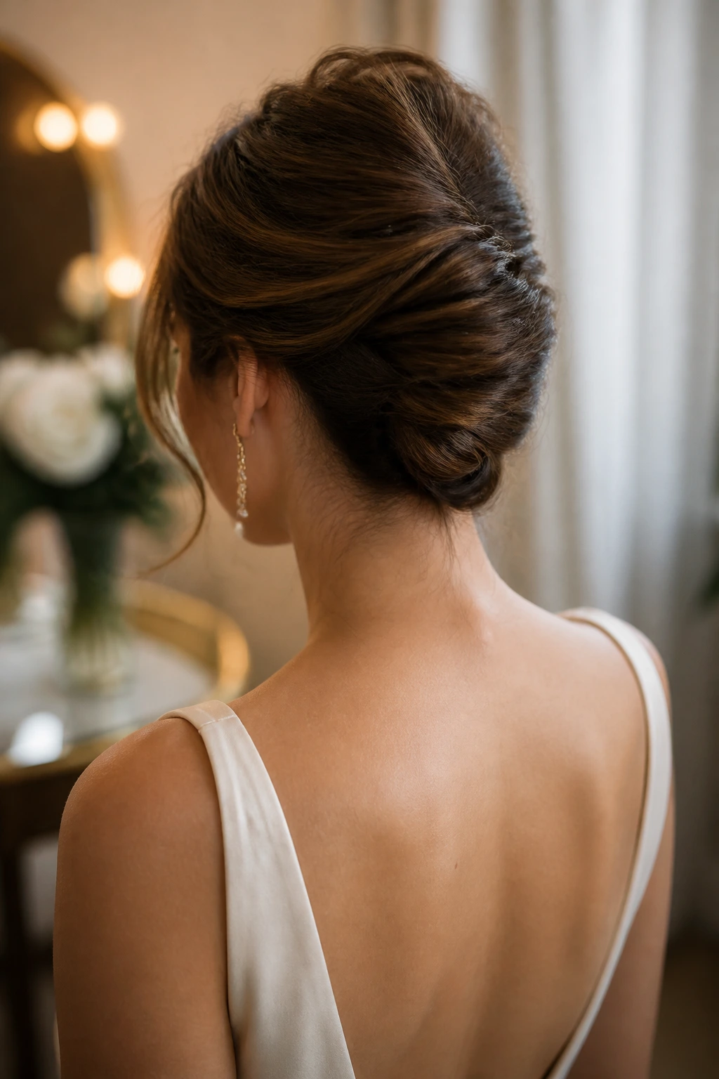 Rear three-quarter view of a real woman with a loose modern French twist