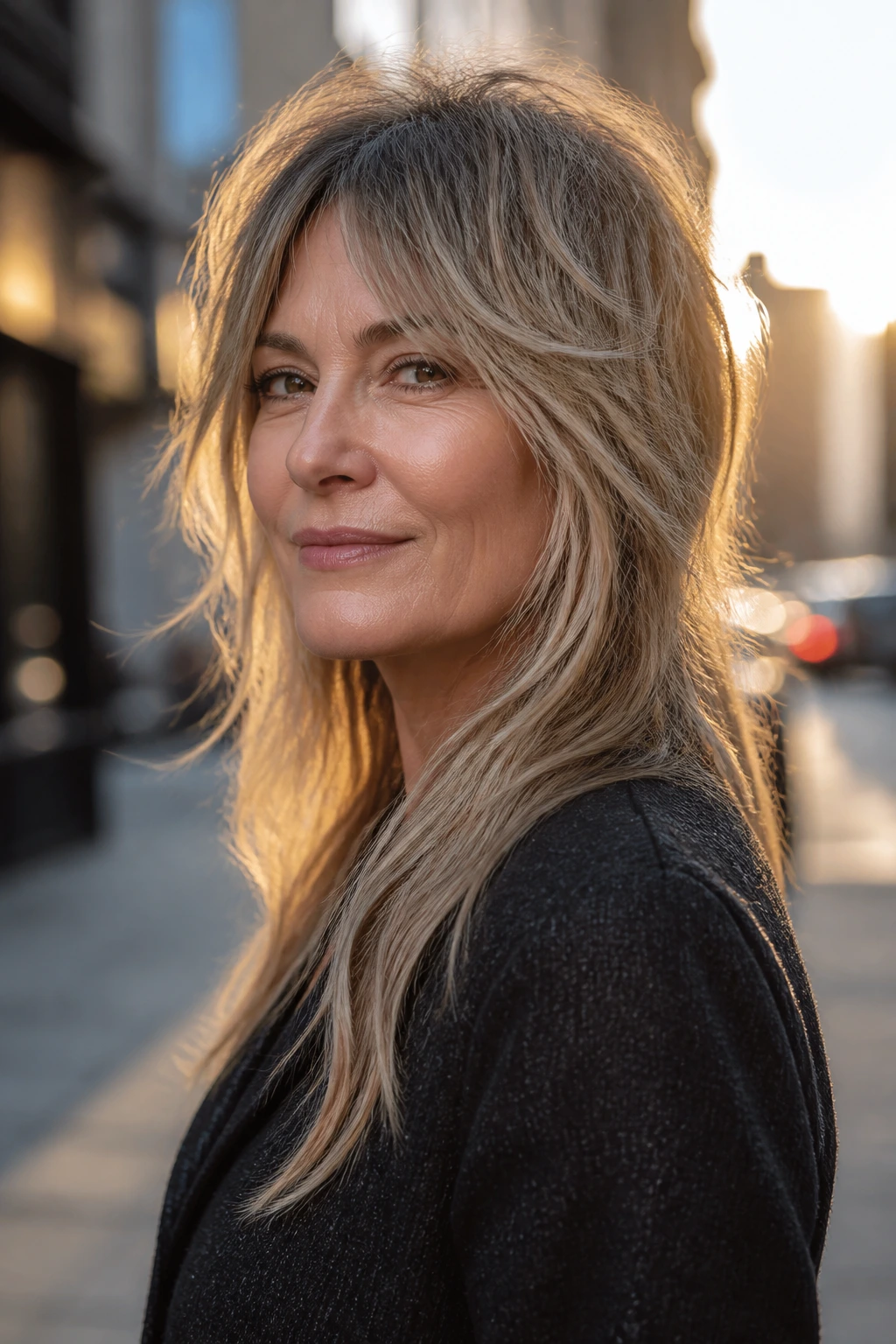 Close-up of a real woman with a modern shag hairstyle on an urban street at golden hour.