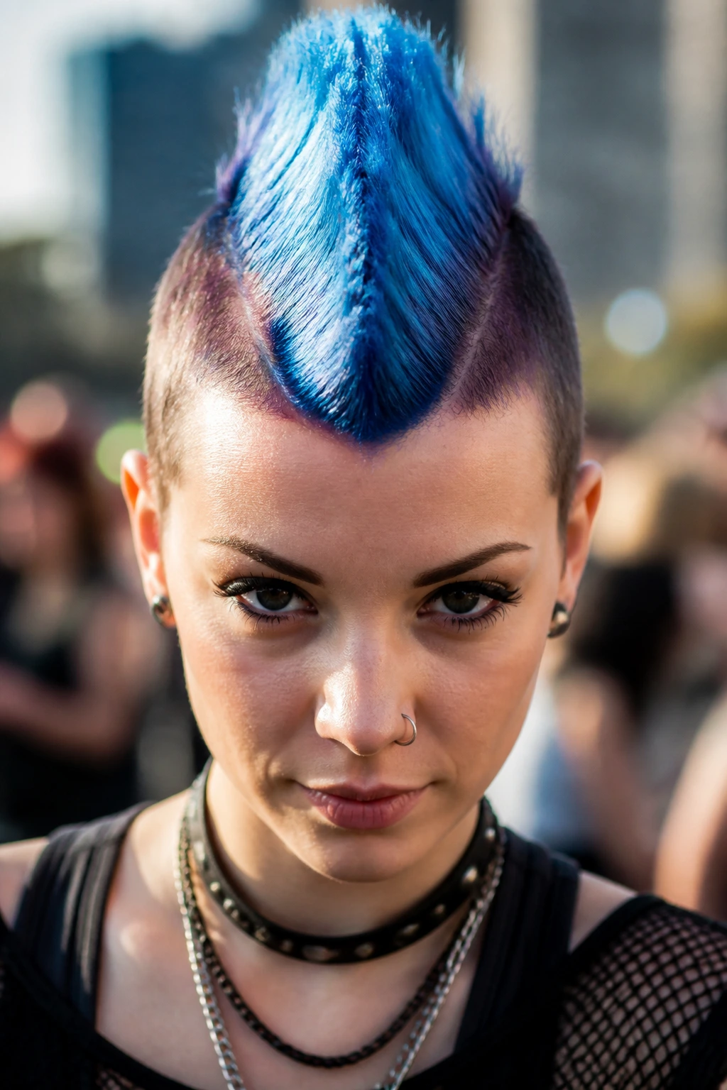 Real person with a vivid central mohawk stripe outdoors