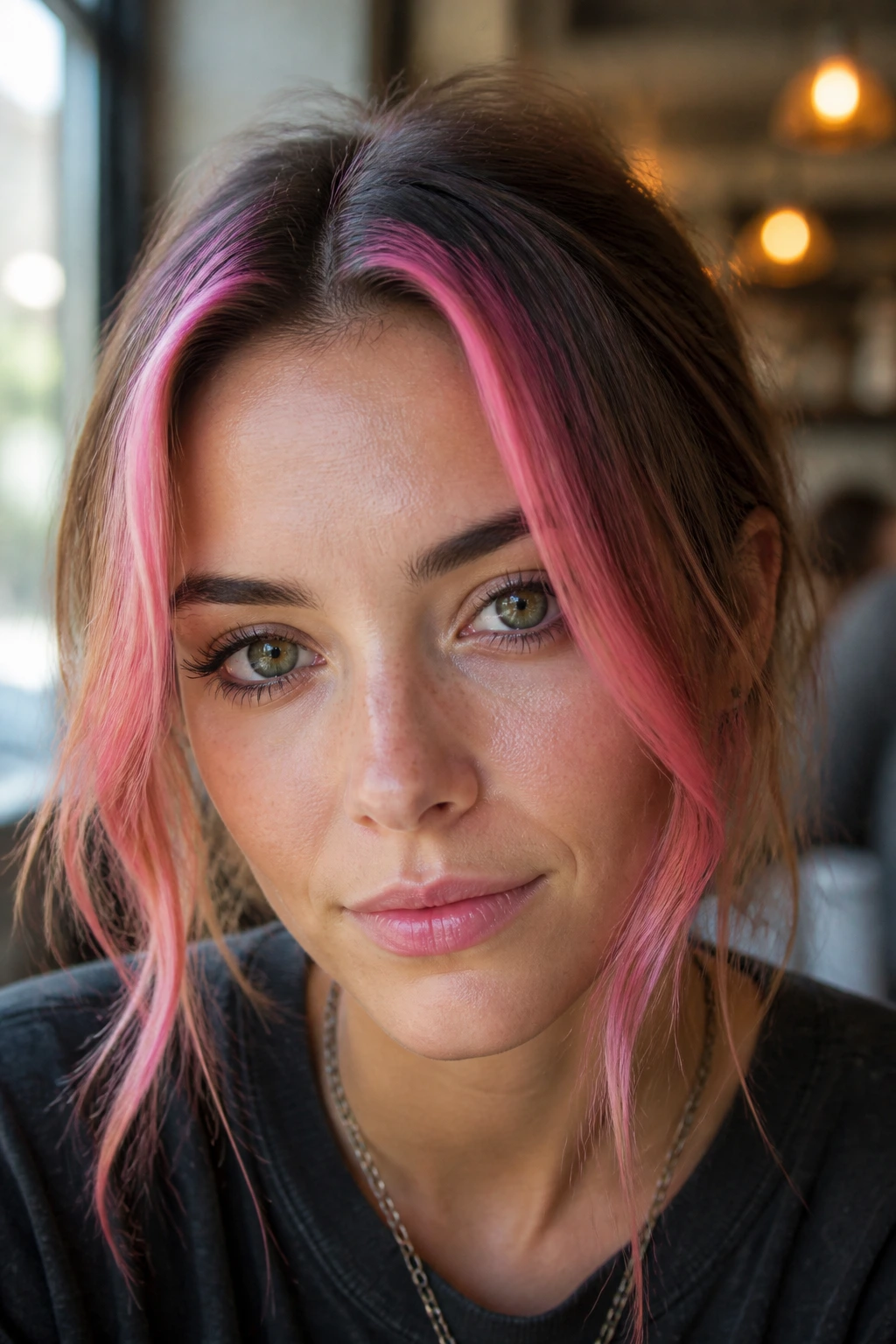 Close-up of face-framing highlighted hair strands in bright color