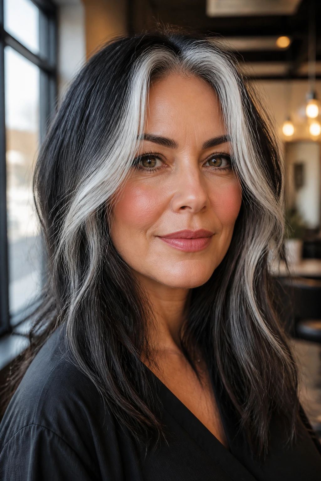 Close-up portrait of a real woman with front lightened hair pieces framing her face, silver money piece highlights.