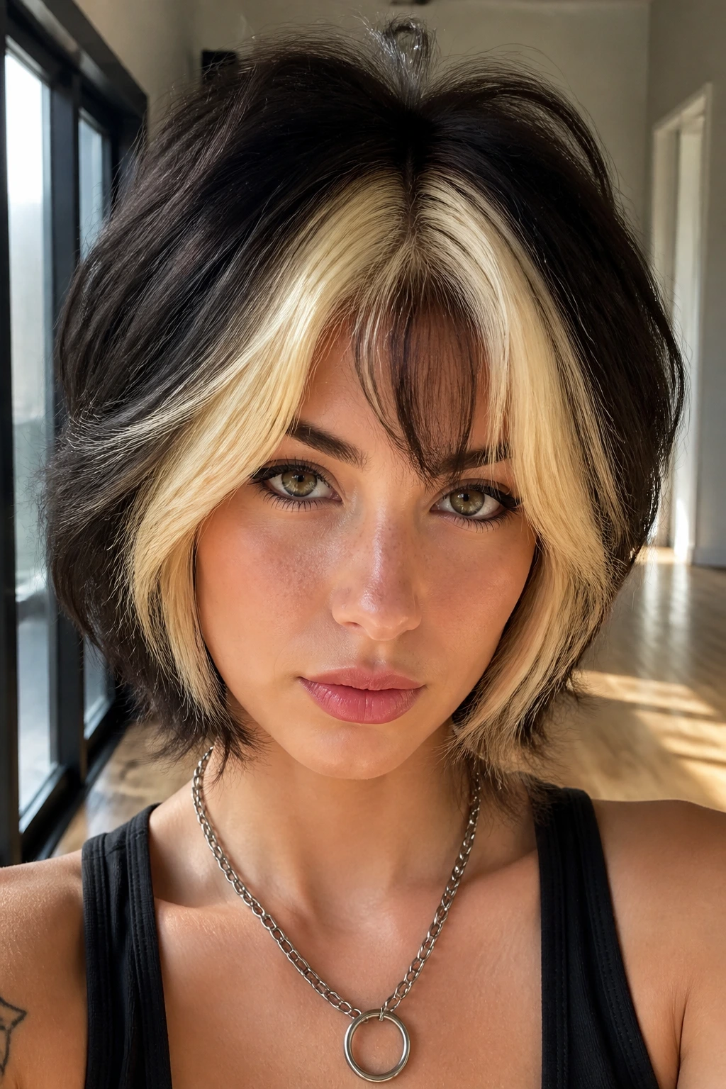 Close-up portrait of a real person with a thick money piece in a short wolf cut