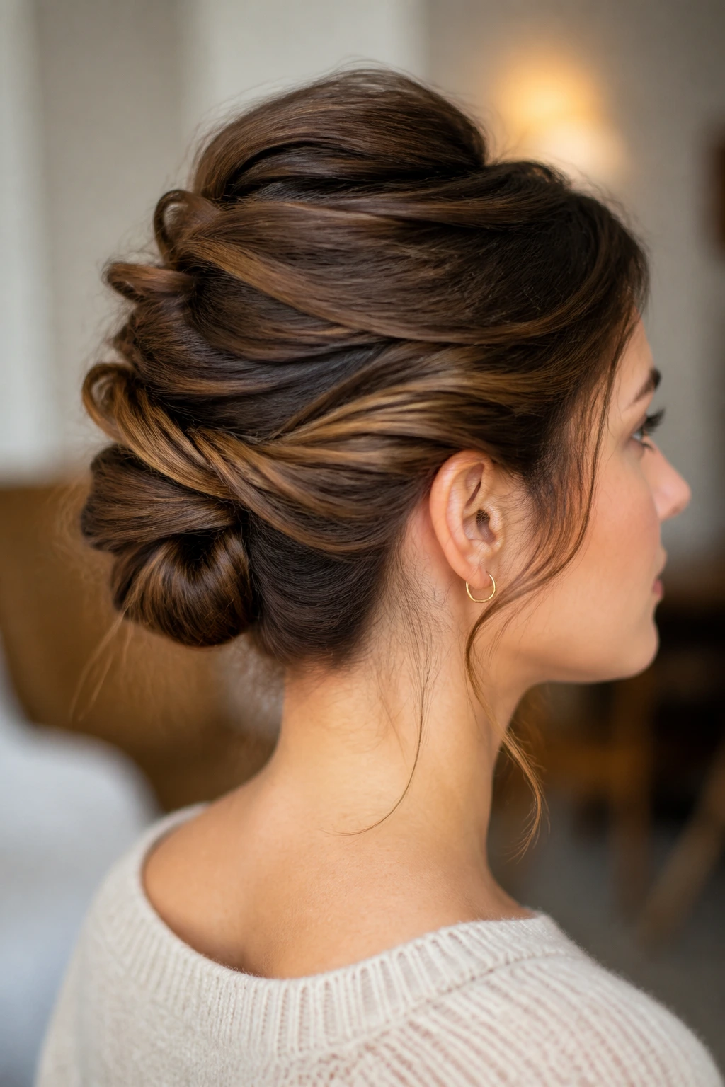 Close-up of a real woman showing a three-section pinned tuck at the nape, middle, and crown.