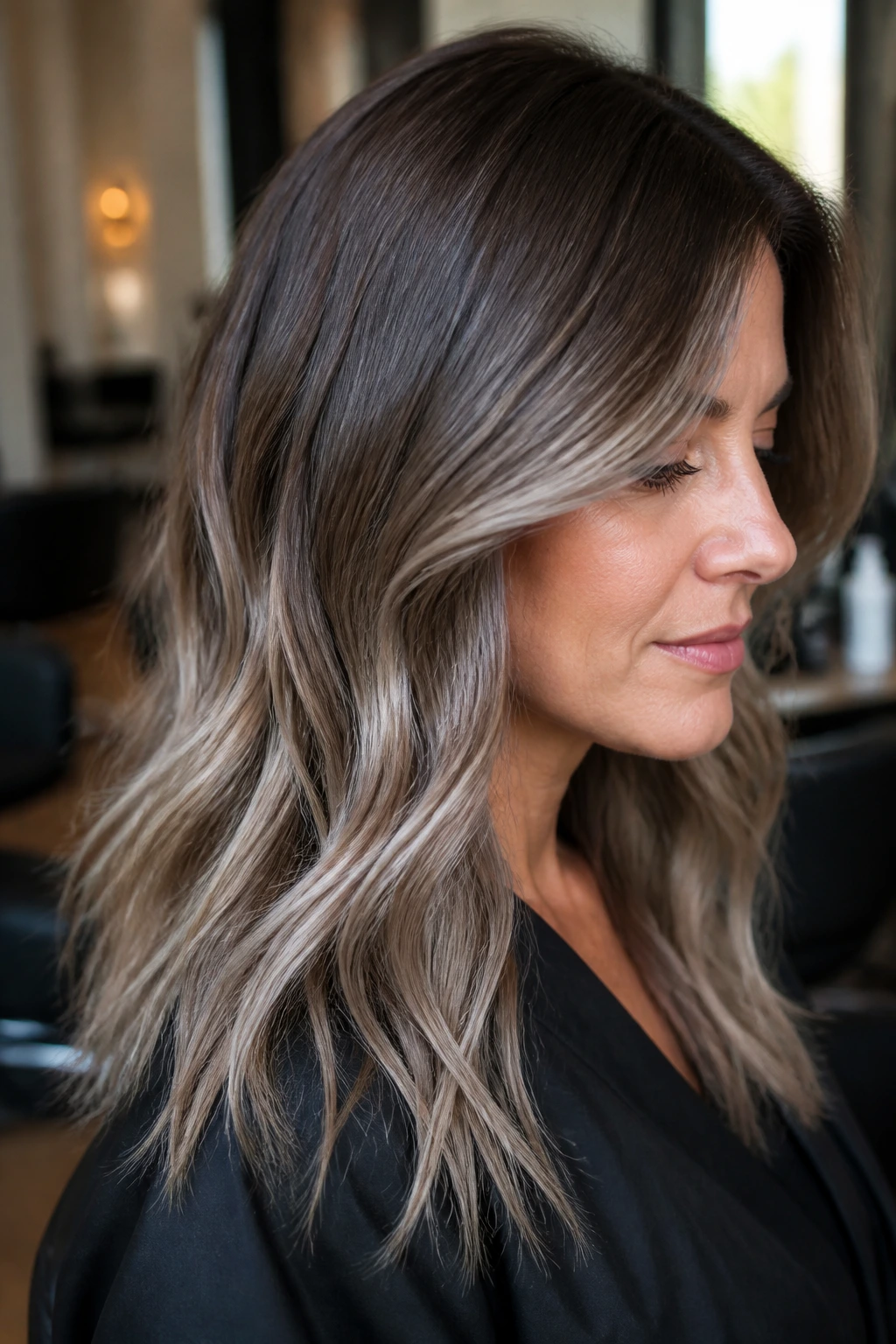 Woman with ash-brown and grey-toned mushroom balayage in hair close-up