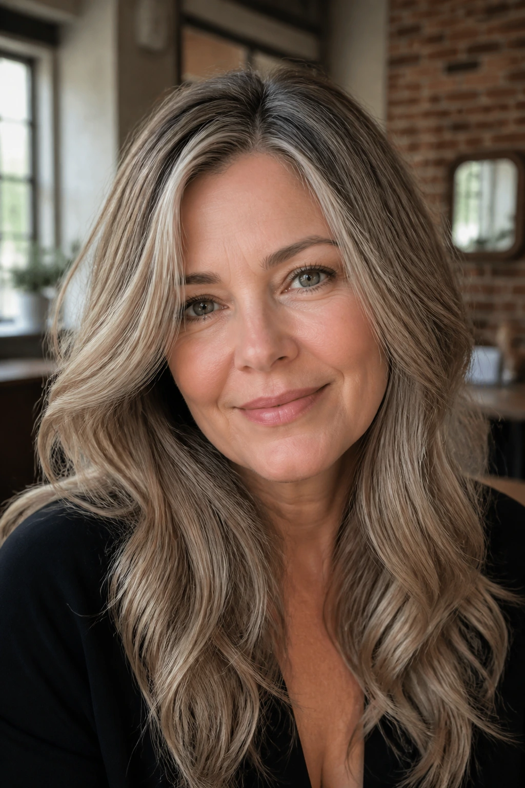Close-up of a real woman with mushroom blonde blend in cool natural light