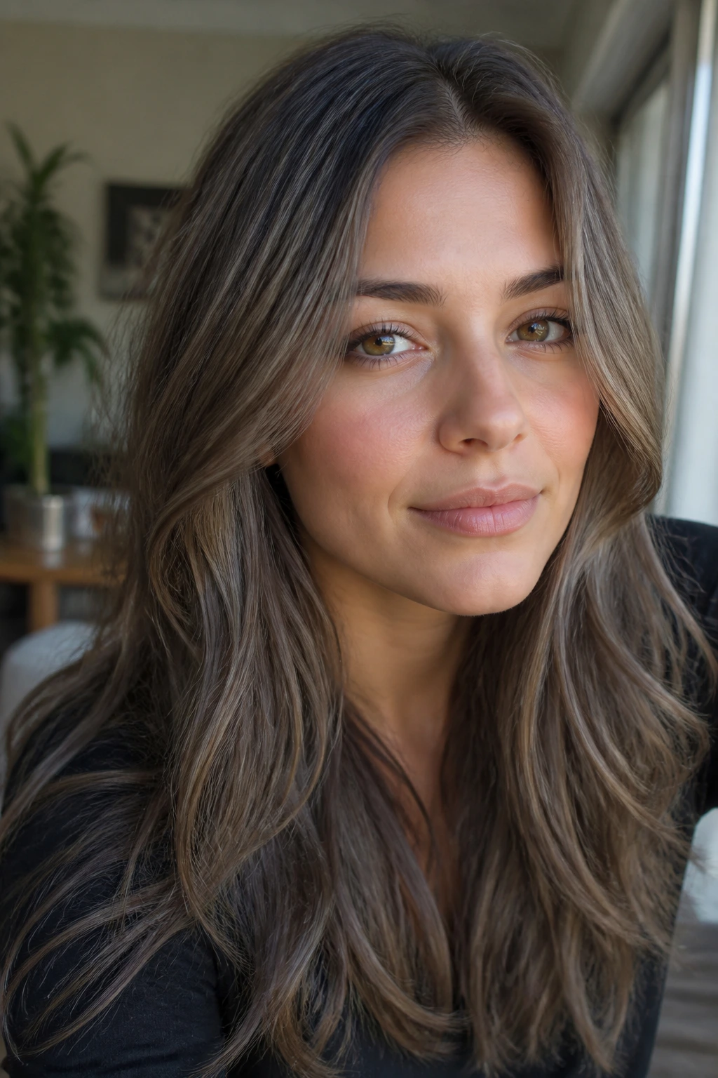 Close-up portrait of a real woman with mushroom brown hair in soft window light