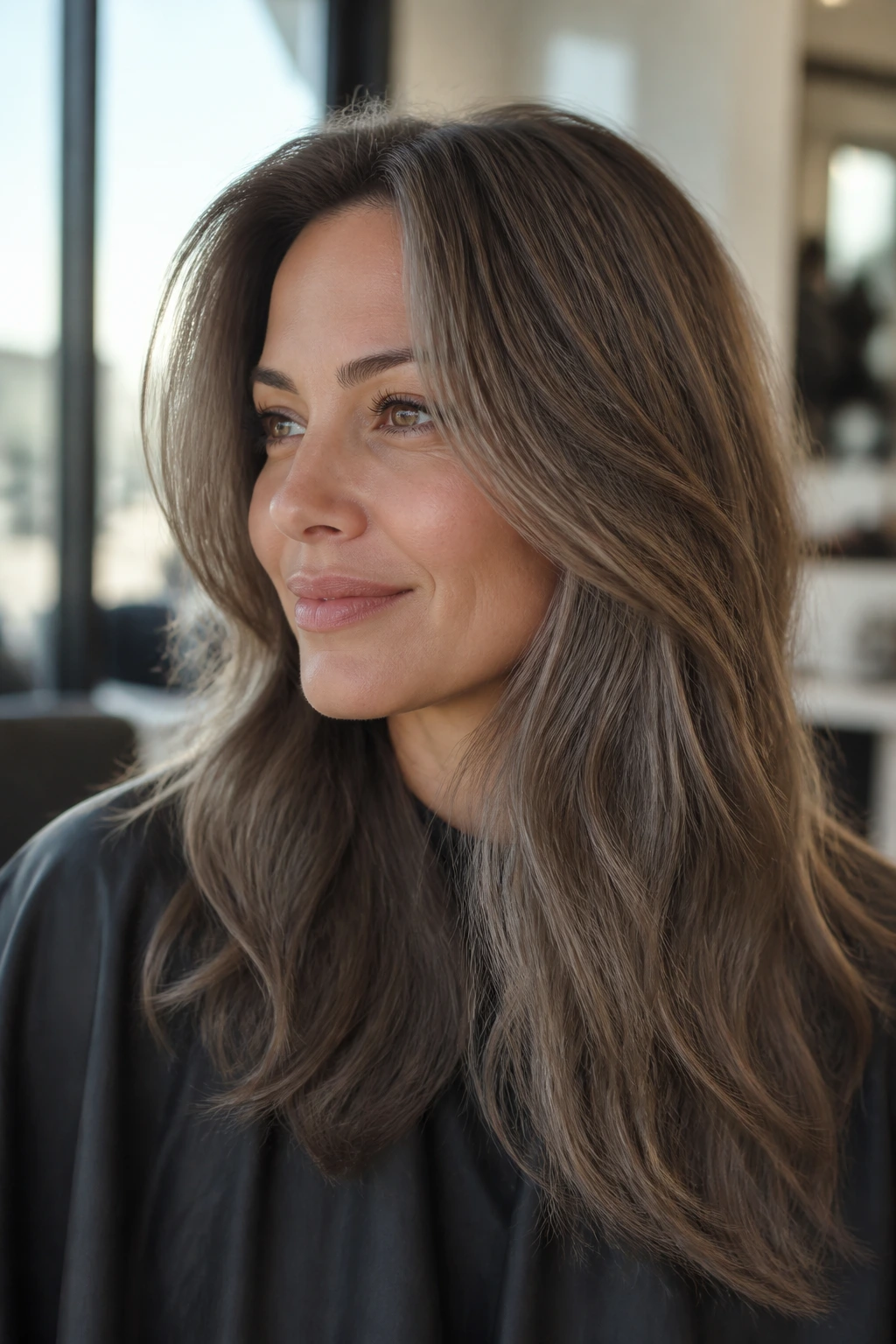 Close-up portrait of a real woman with soft mushroom brown hair