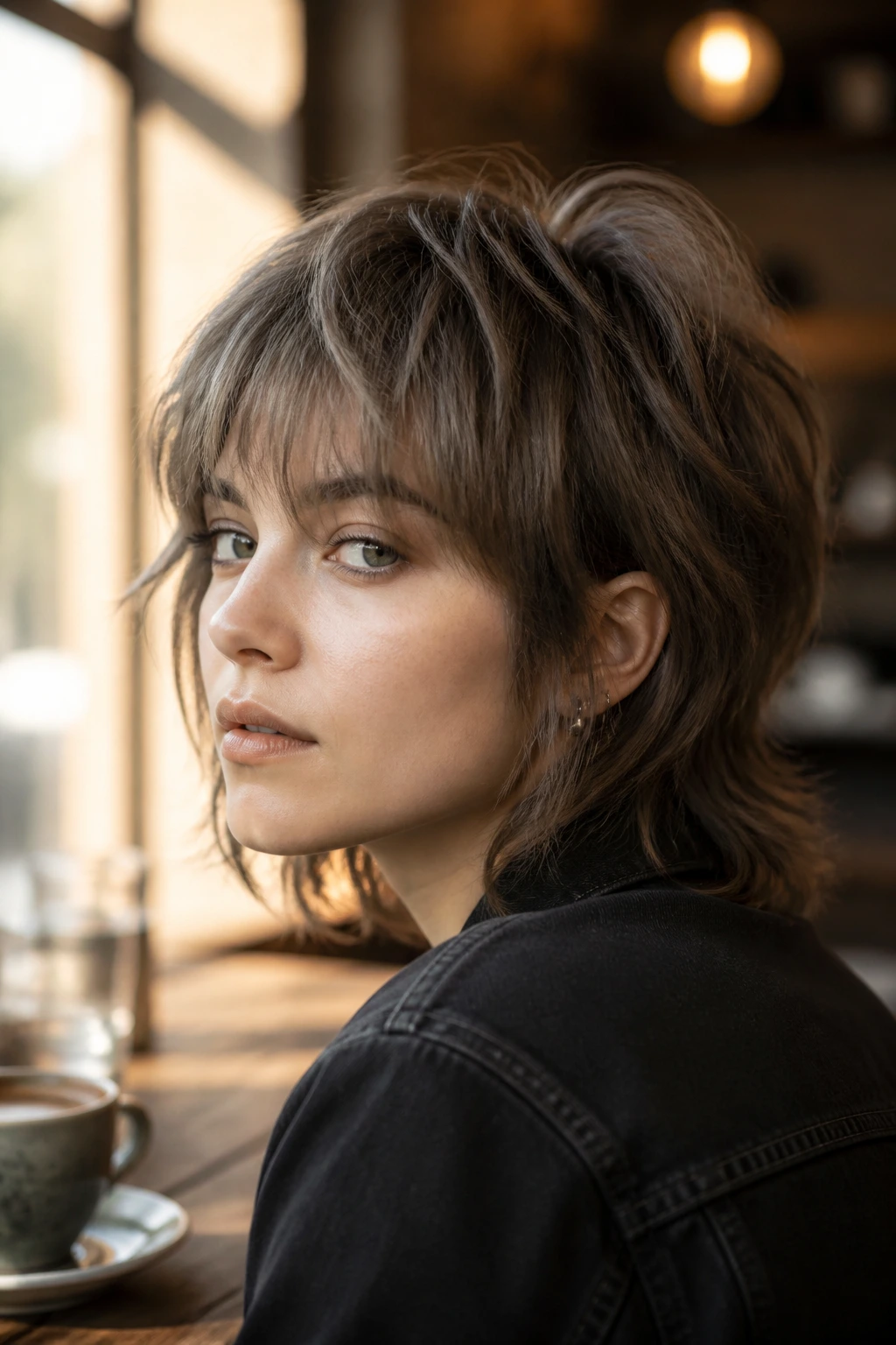 Close-up portrait of a real person with a short wolf cut in mushroom brown, highlighting textured layers