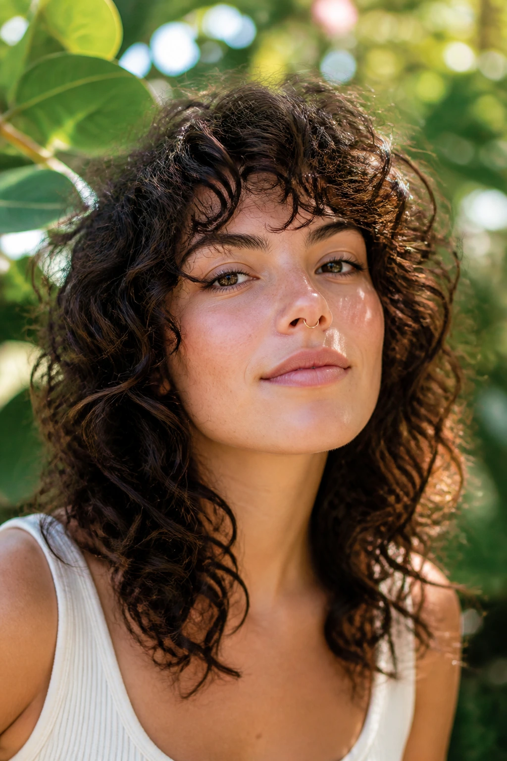 Close-up portrait of a real person with natural curls shag
