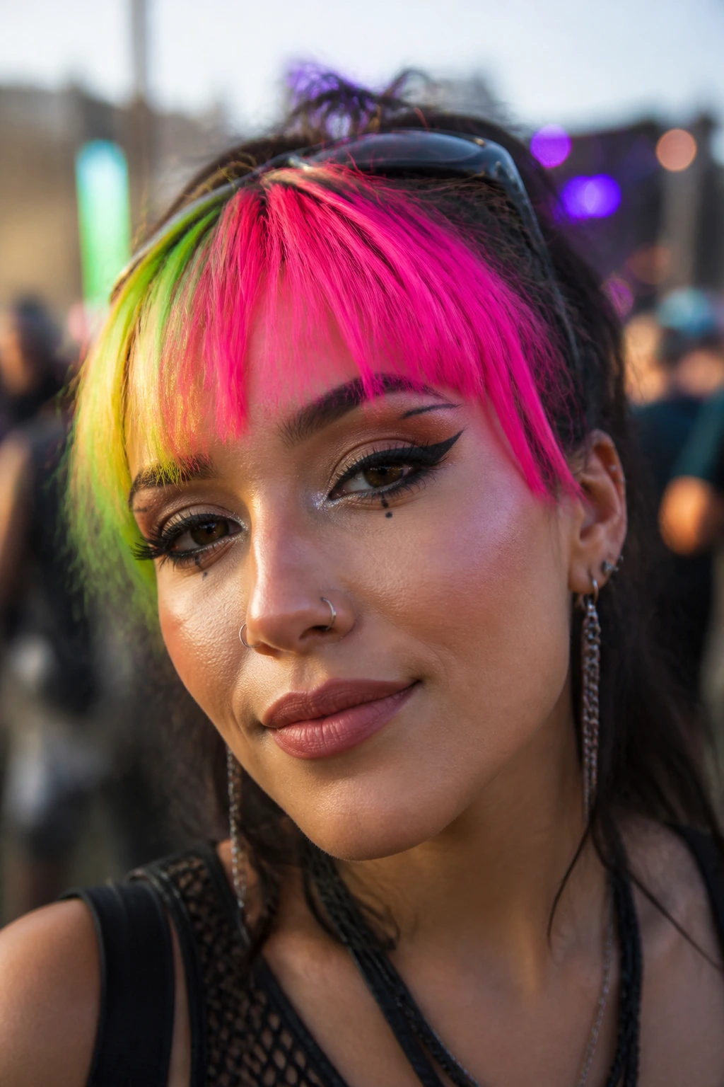 Close-up of a real person with neon bangs against a blurred festival crowd