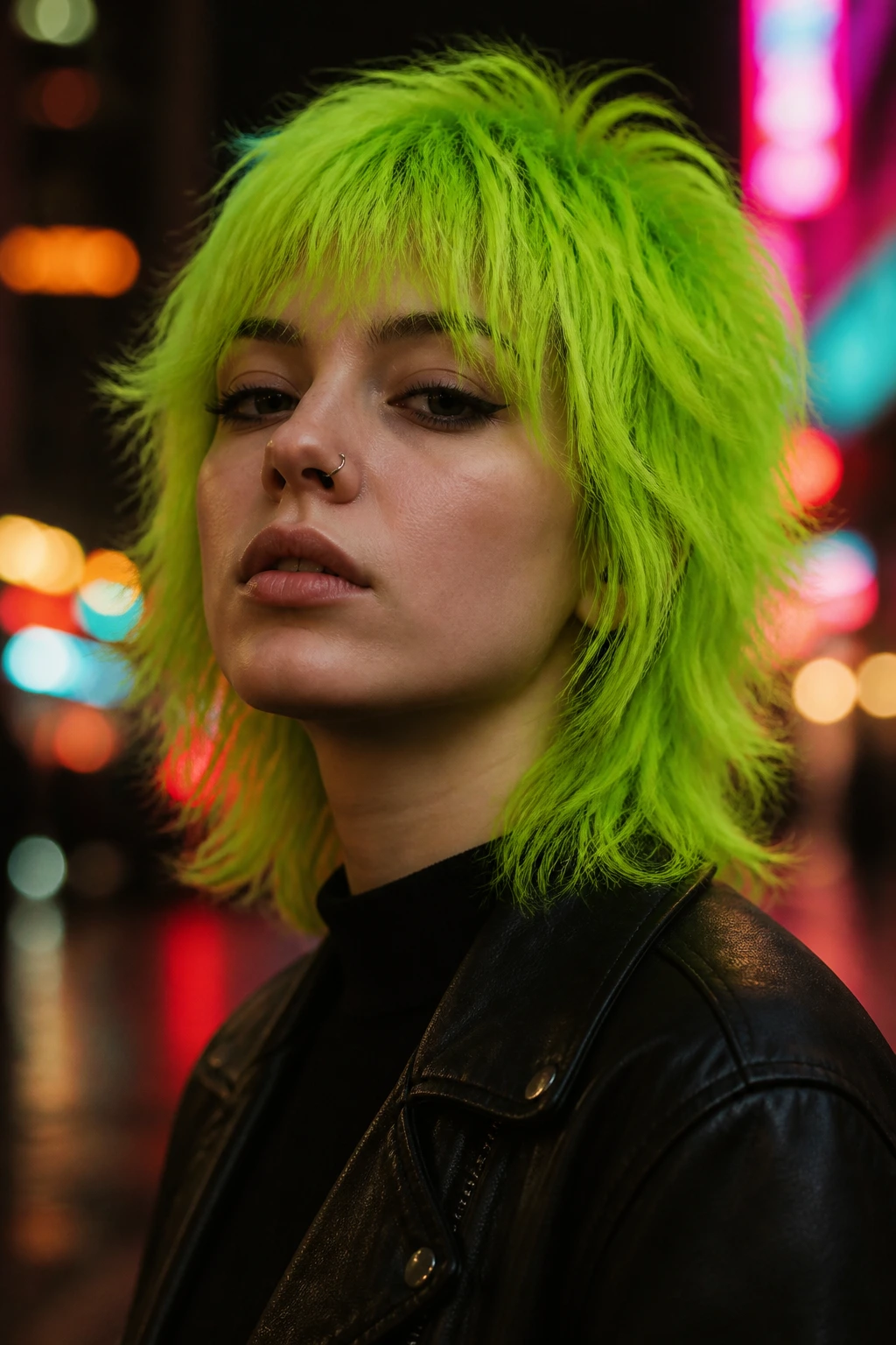 Close-up portrait of a real person with a short wolf cut dyed neon green, bold street-style look