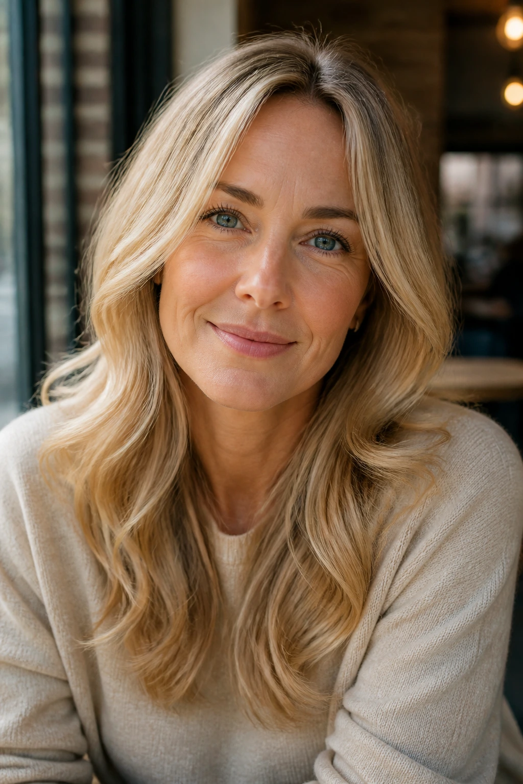 Close-up of a woman with neutral sand-blonde hair by a cafe window