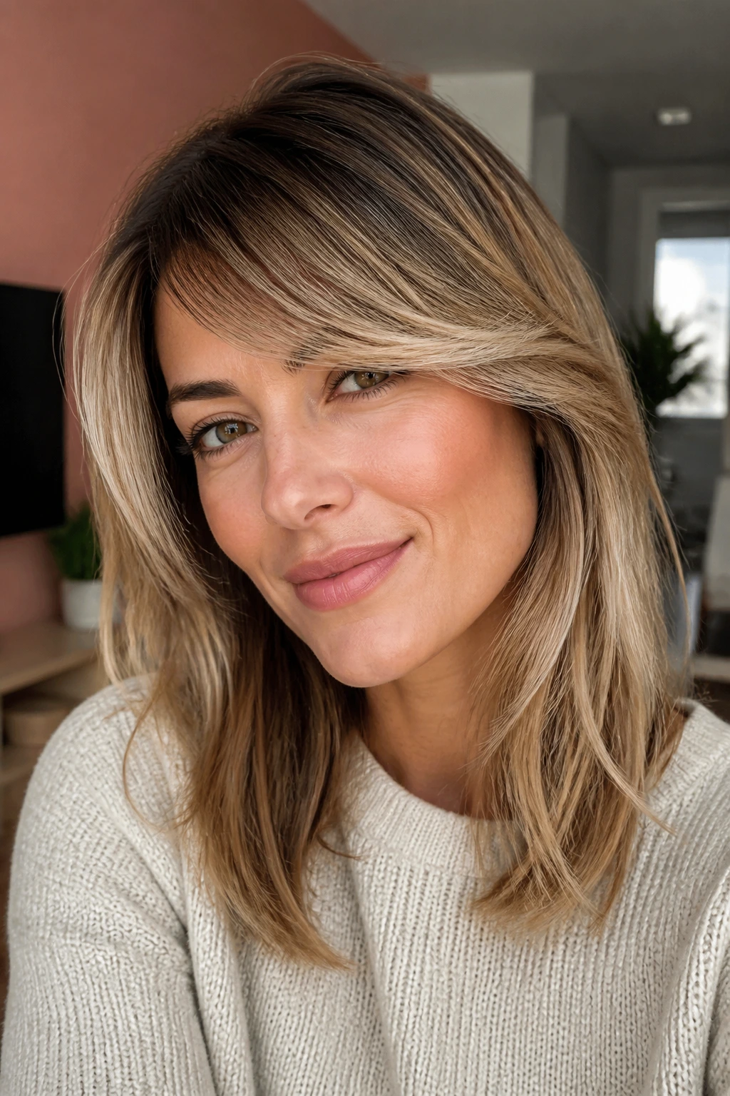 Close-up of ombre bangs gradient from dark roots to light ends