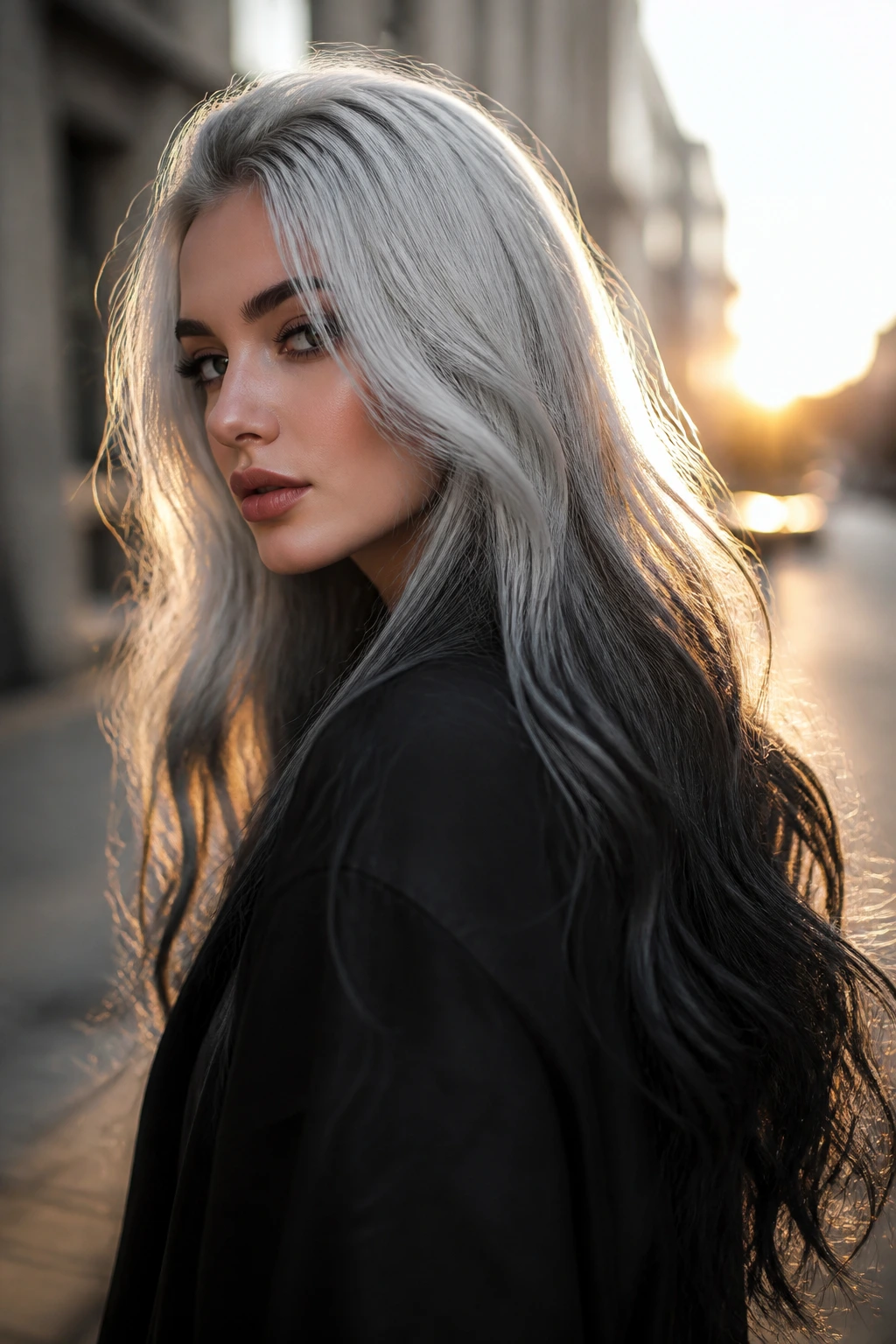 Close-up of a real person with silver to charcoal ombre hair on a golden-hour street