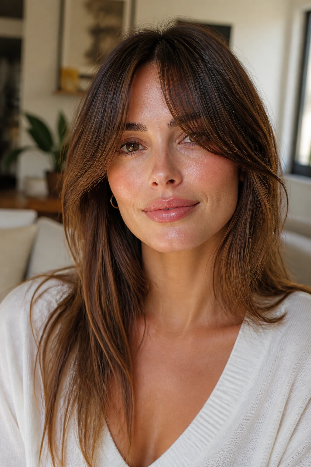 Close-up of a woman with oval-enhancing curtain cut