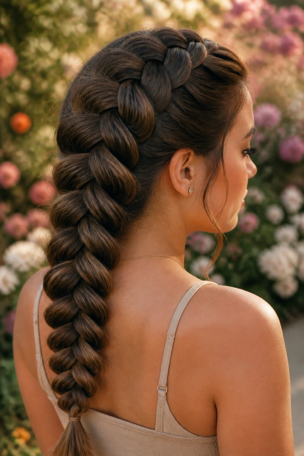 Close-up of real woman with oversized pancaked Dutch braid forming a broad, flattened braid