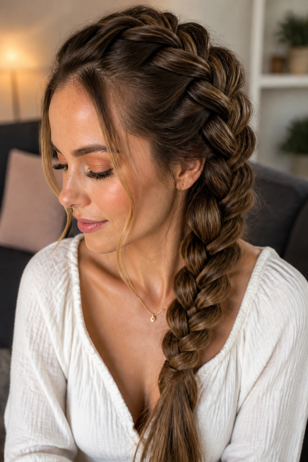 Close-up of a real woman with a pancaked French braid adding volume in a cozy room.