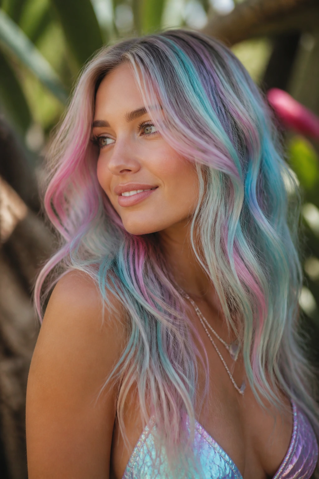Close-up of real person with pastel mermaid streaks in hair