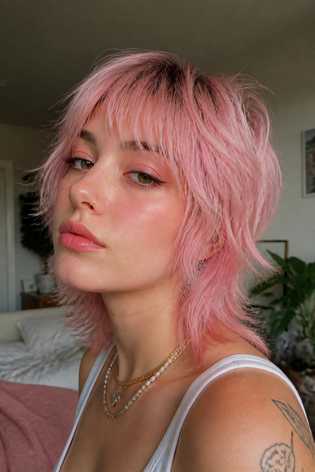 Close-up portrait of a real person with pastel pink wolf cut