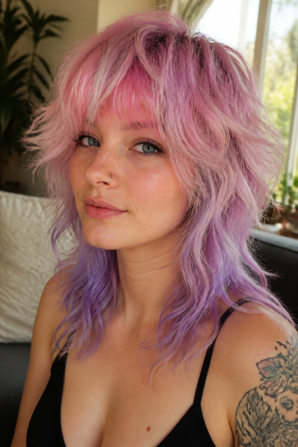 Close up of a real person with pastel pink and lavender shag hairstyle