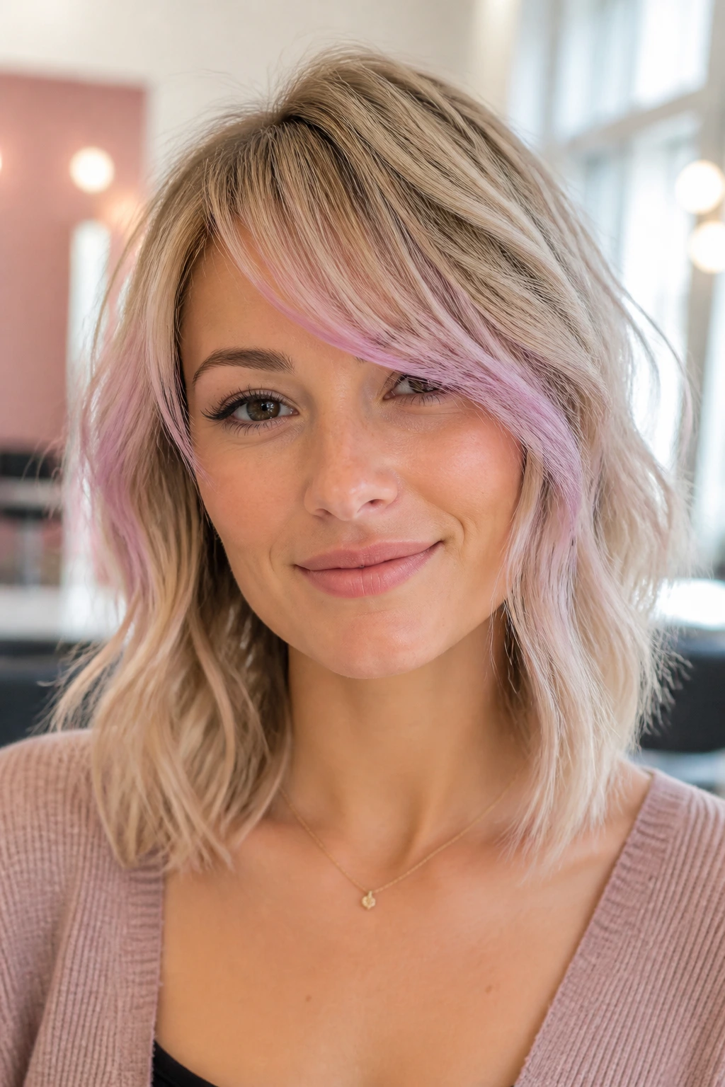 Close-up of a real woman with pastel-tipped side-swept bangs in a bright setting