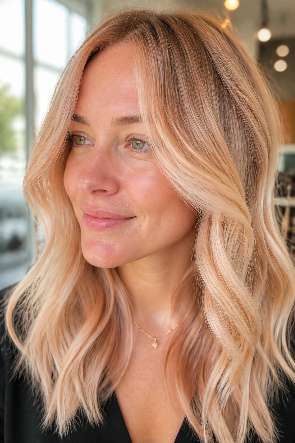 Close-up of a real woman with peach-toned highlights in blonde hair under warm window light.
