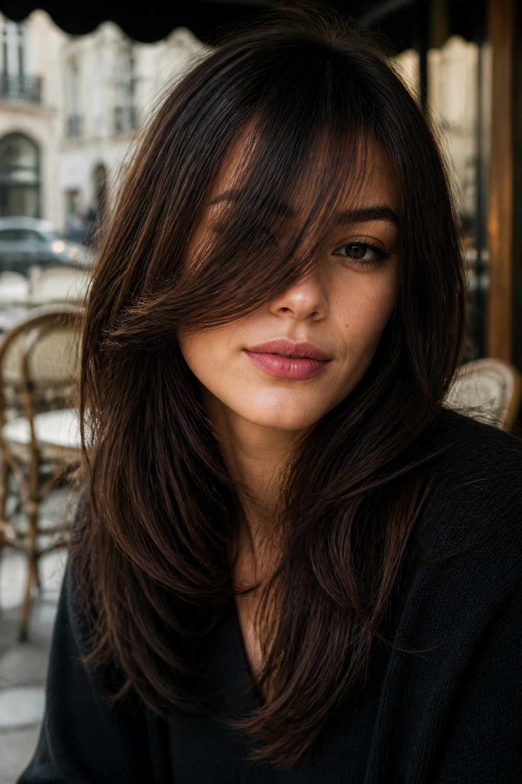 Woman with peek-a-boo bangs crossing one eye in natural light