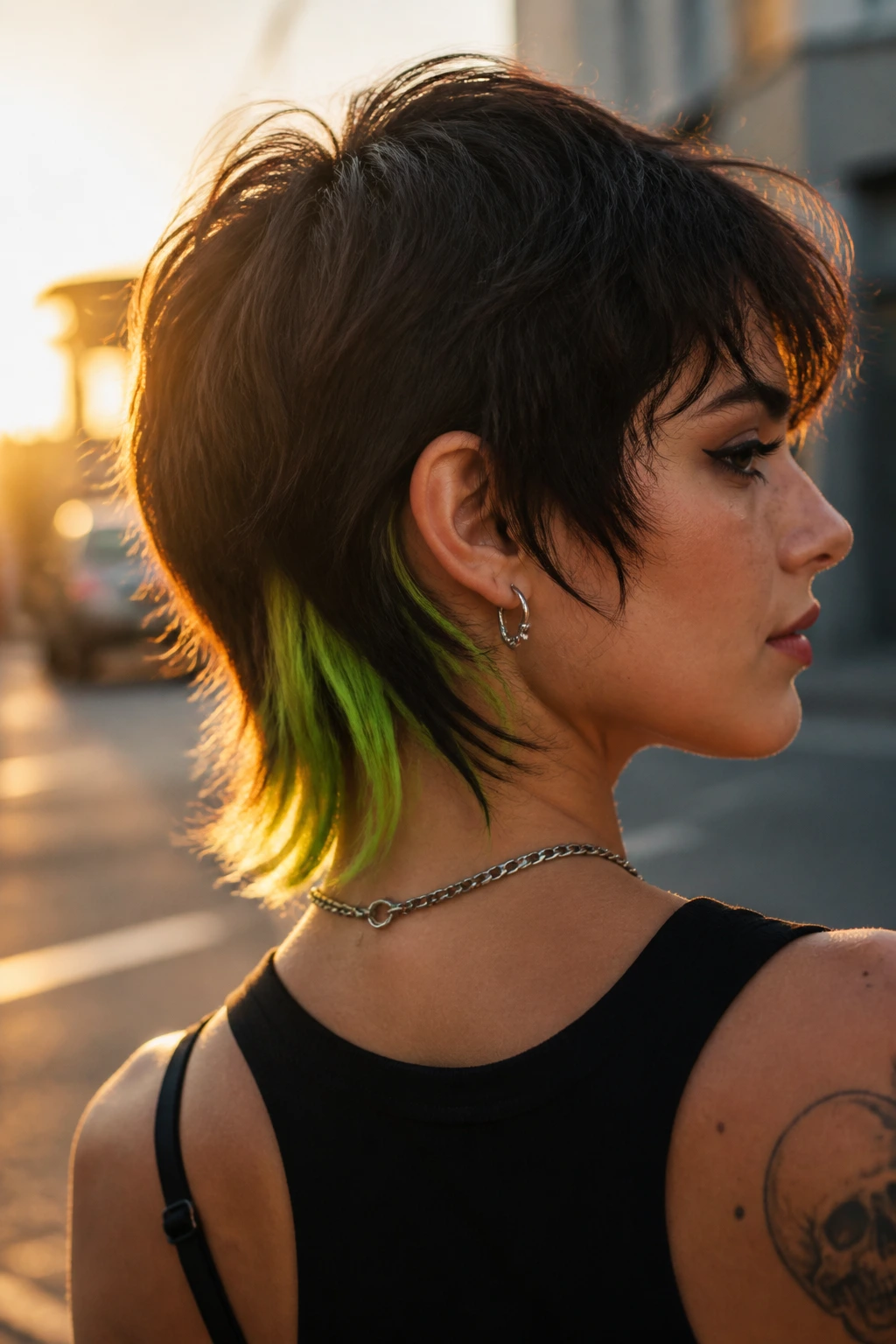 Three-quarter portrait of a real person showing neon underlights at the nape of a short wolf cut
