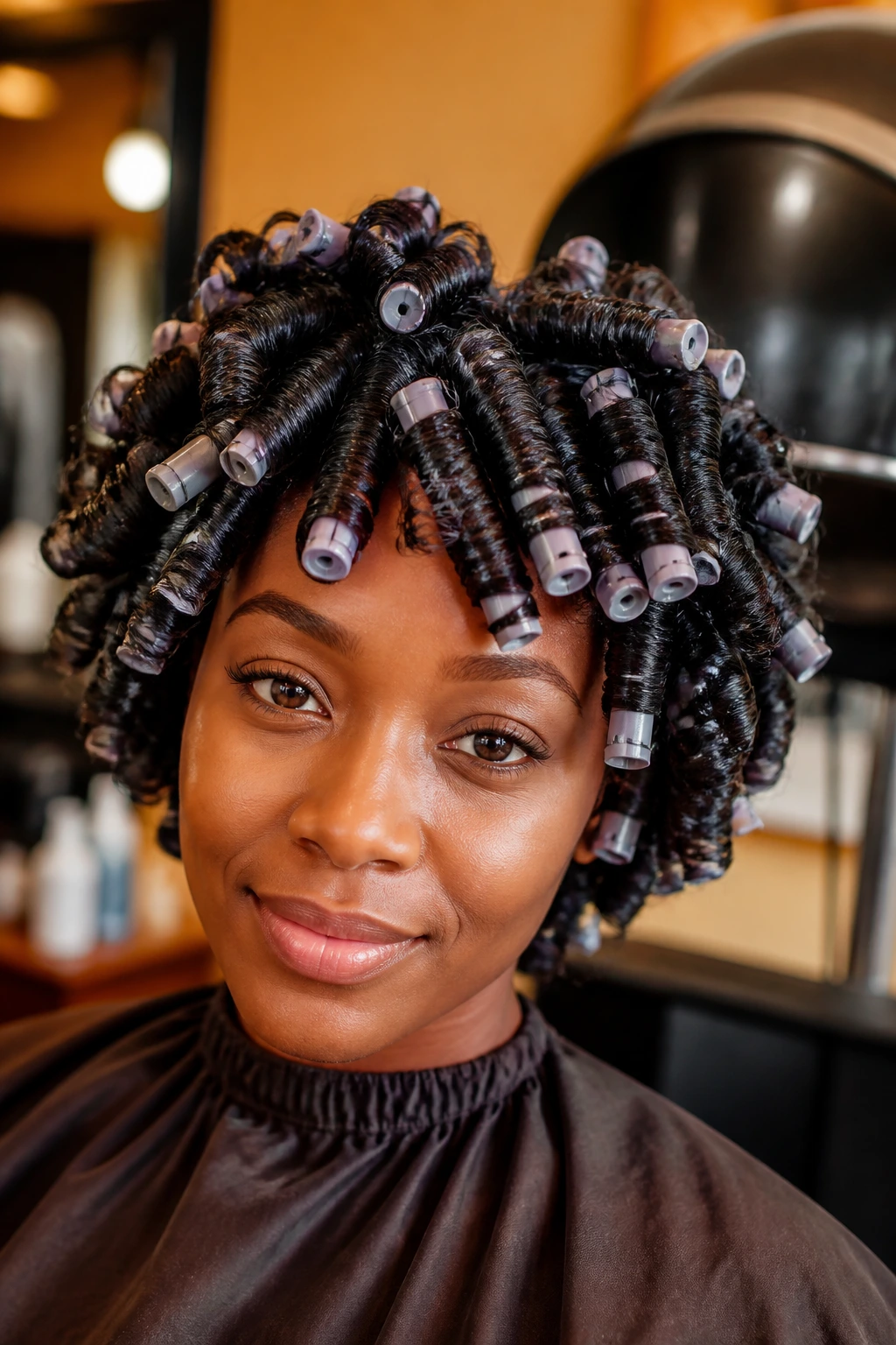 Real person wearing a perm rod set with defined ringlets