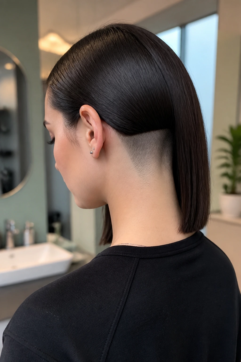 Close-up of a real woman with pin-straight mid-length hair and a clean nape shave.